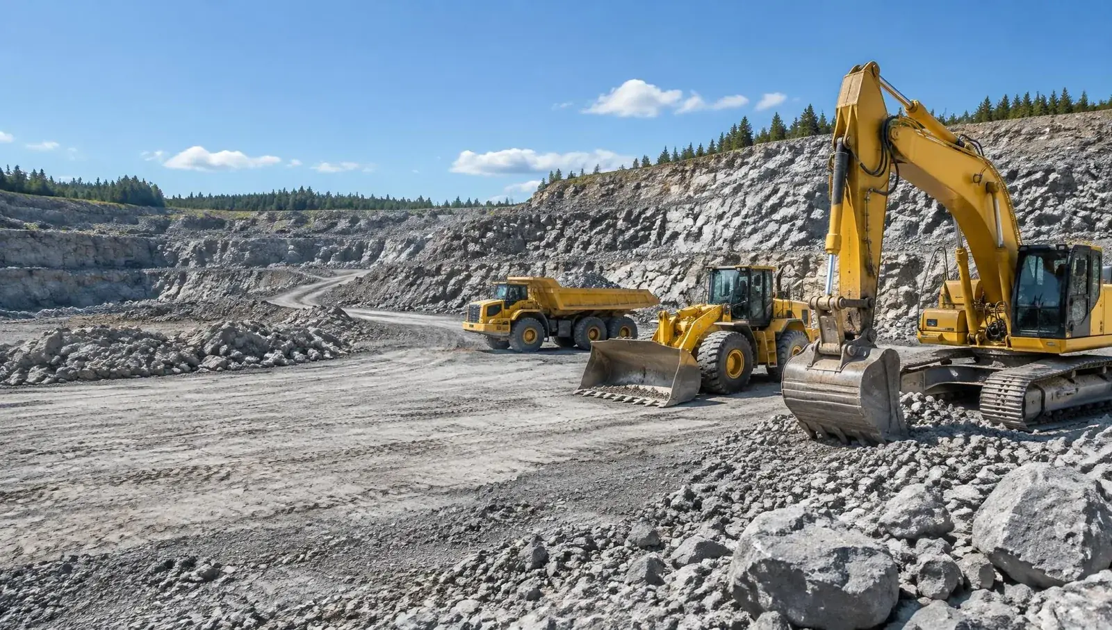 Commercial construction equipment at a quarry